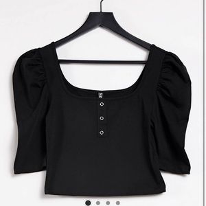Black Puff Sleeve Button Front Crop Top